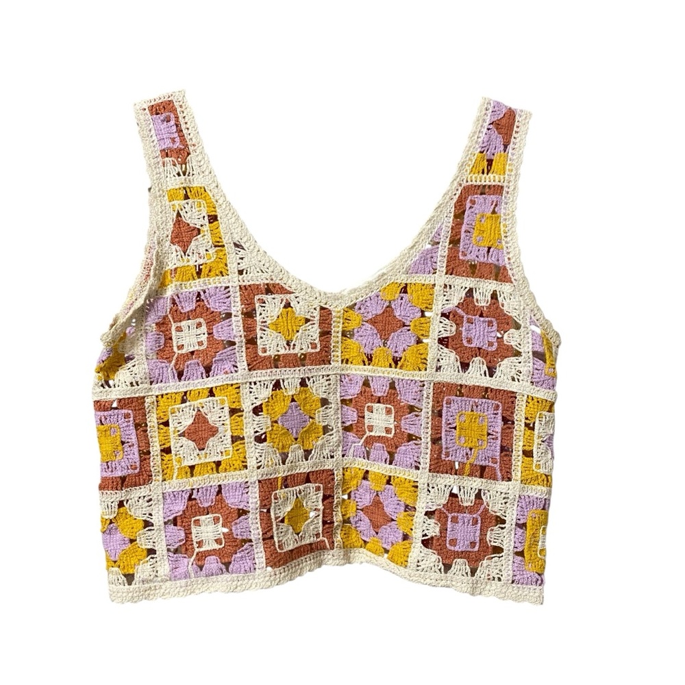 Rebellion multi colored crochet lace boho hippie summer crop tank top size XS